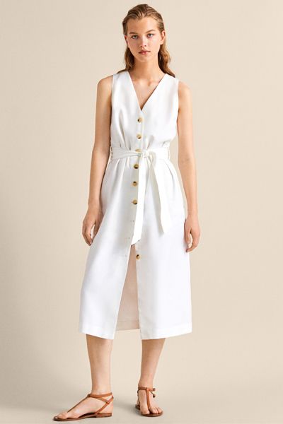 Belted Cotton/ Linen/ Lyocell Dress with Buttons from Massimo Dutti