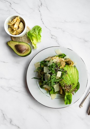 Green bean, artichoke and avocado salad with beetroot sauerkraut