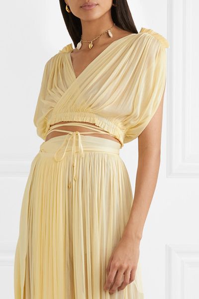 Antigone Cropped Pleated Silk-Tulle Wrap Top from Elena Makri