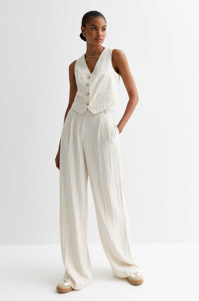 White Striped Pleated Wide-Leg Trousers, £34.99