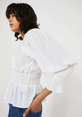 Embroidered Cotton Scoop Neck Puff Sleeve Top