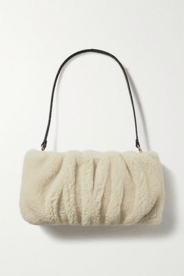 Bean Gathered Leather-Trimmed Shearling Shoulder Bag from Staud