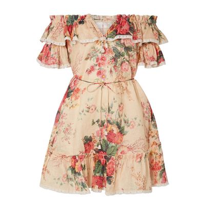 Laelia Off-The-Shoulder Floral-Print Linen Mini Dress