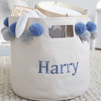 Personalised Storage Bag with Blue & Grey Pom Pom