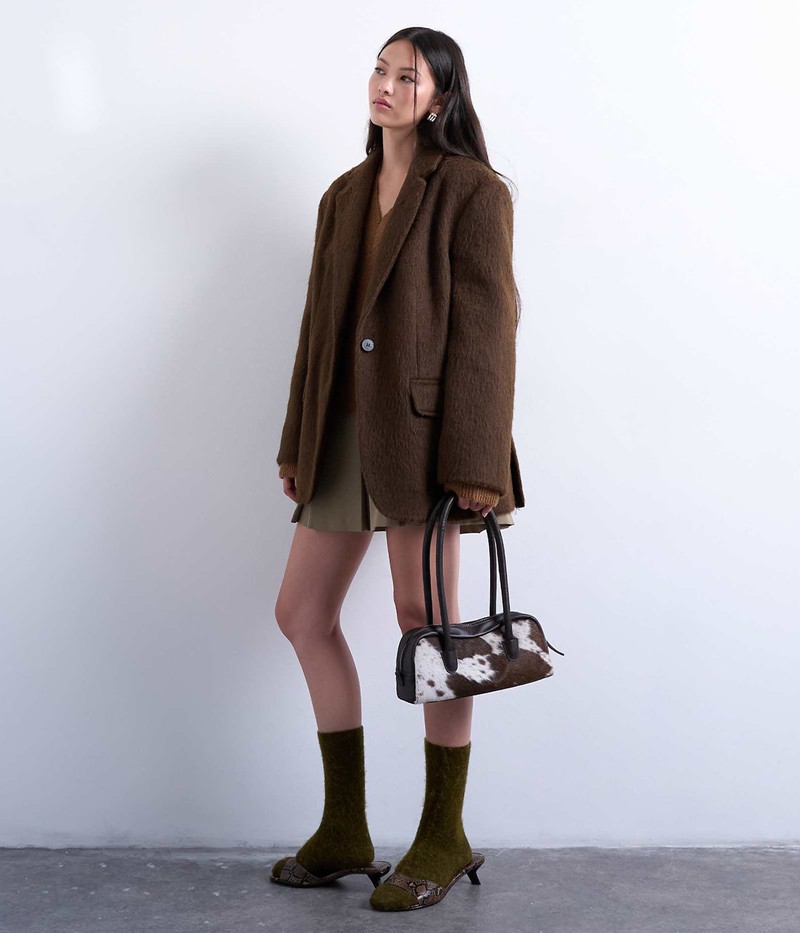 Long Brushed OIne Button Blazer Coat With Wool