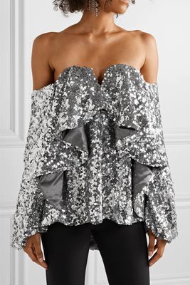 Off The Shoulder Ruffled Sequined Tulle Top from Halpern