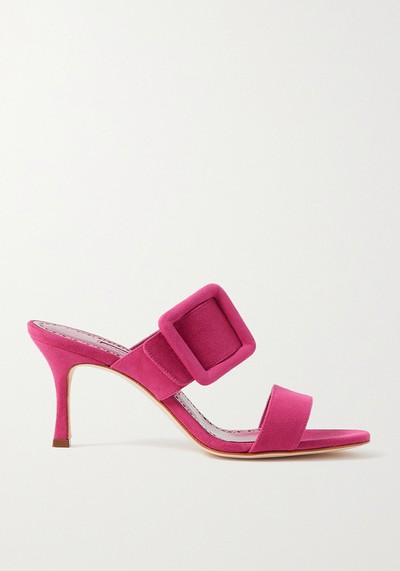 Gable Buckled Suede Mules from Manolo Blahnik 