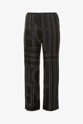 Monogram Geometric-Embroidered Wide-Leg High-Rise Silk-Satin Pyjama Bottoms from Totême