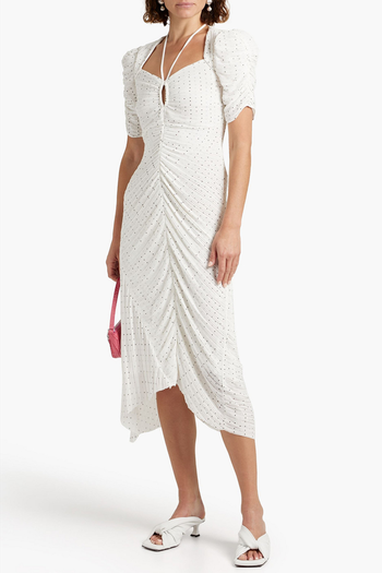 Ruched Polka-Dot Plissé Crepe De Chine Midi Dress from Frame