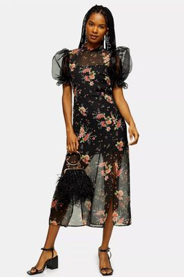 Black Floral Printed Organza Midi Dress