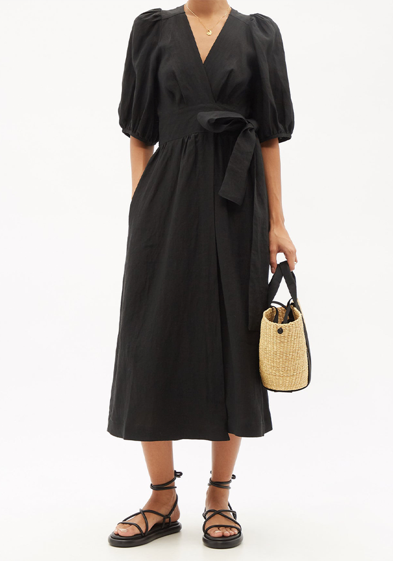 Fiona Puff-Sleeve Linen Wrap Dress from Three Graces London