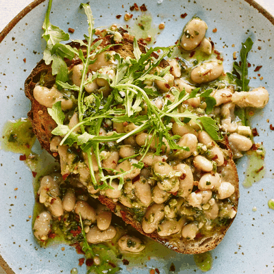 Smashed Pesto Cannellini Beans On Toast