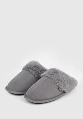 Grey Suede Mule Slippers With Faux Fur Collar