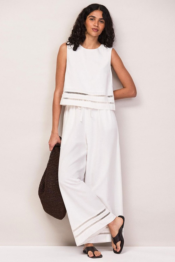 White Ladder Trim Wide Leg Trousers With Linen from Ro&Zo