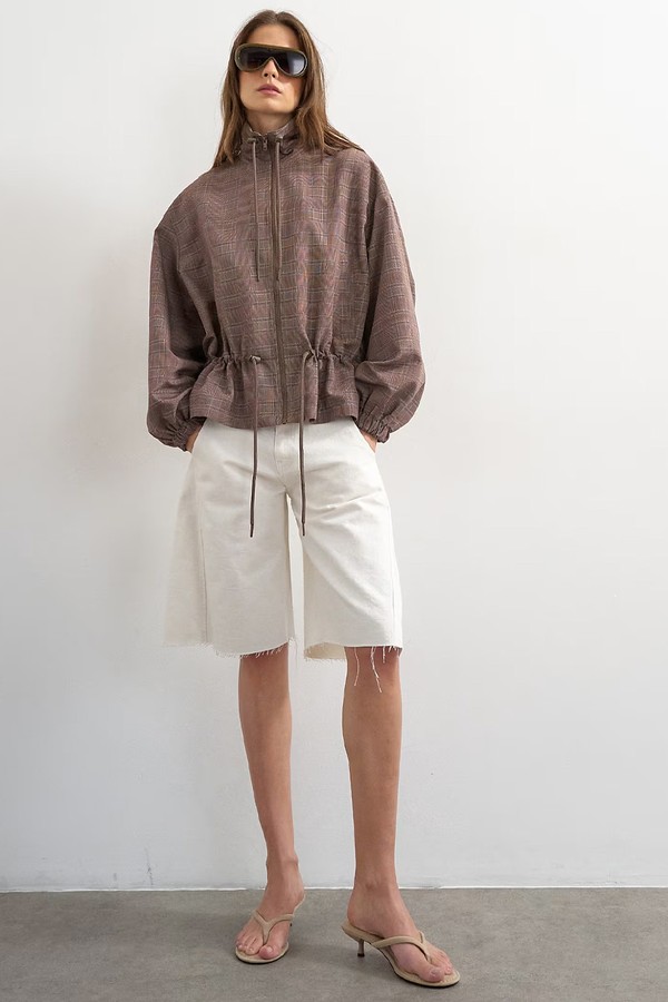 Funnel Neck Nylon Check Anorak