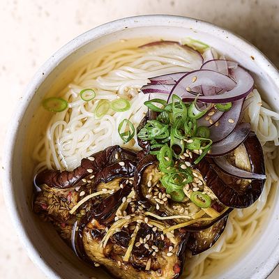 Gaji Naengguksu | Chilled Noodle Soup with Charred Aubergine