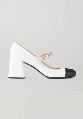 Embellished Two-Tone Patent Leather Mary-Jane Pumps from Miu Miu
