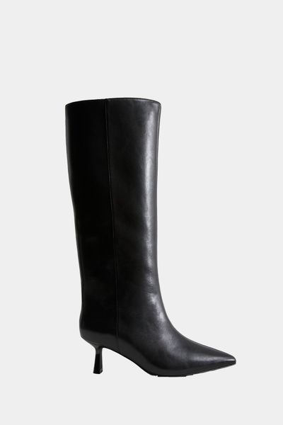  Leather Look Kitten Heel Knee High Boots