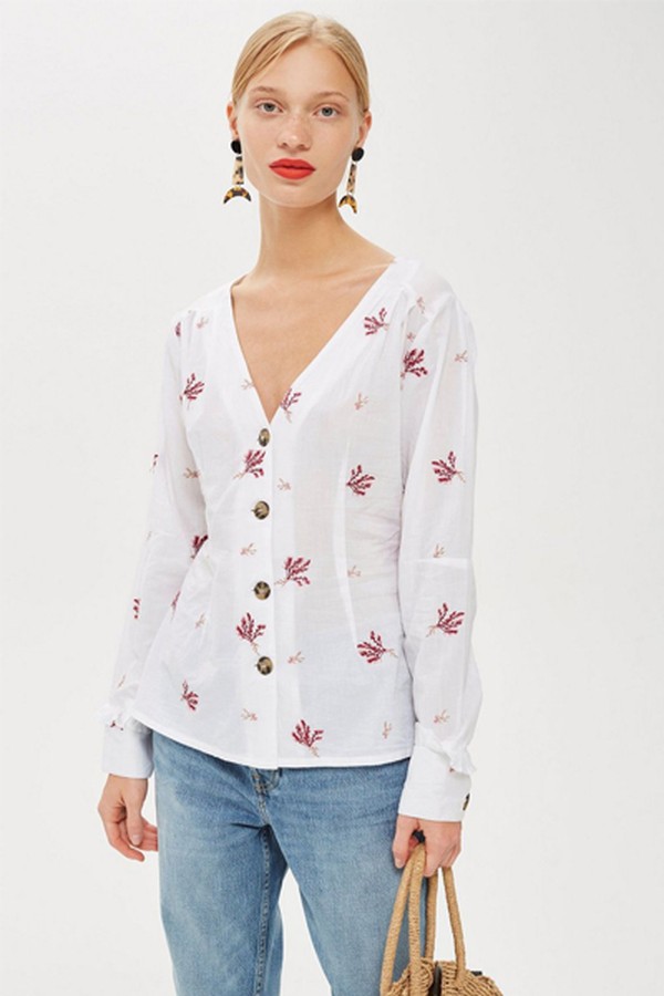 Embroidered Button Down Blouse