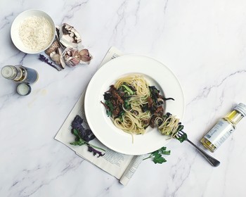 Wild mushroom, kale and truffle spaghetti