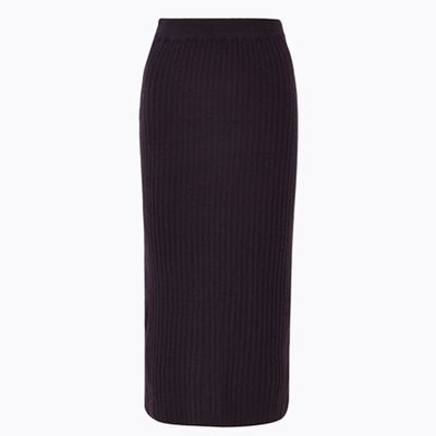 Pure Cashmere Ribbed Midi Knitted Skirt