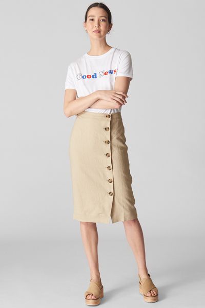 Button Linen Pencil Skirt