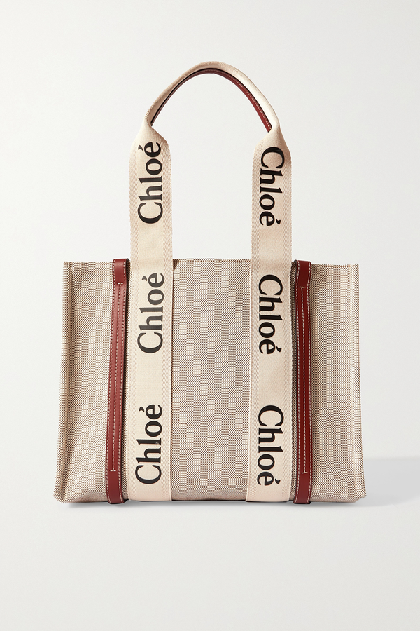 Woody Medium Leather-Trimmed Cotton-Canvas Tote from Chloé
