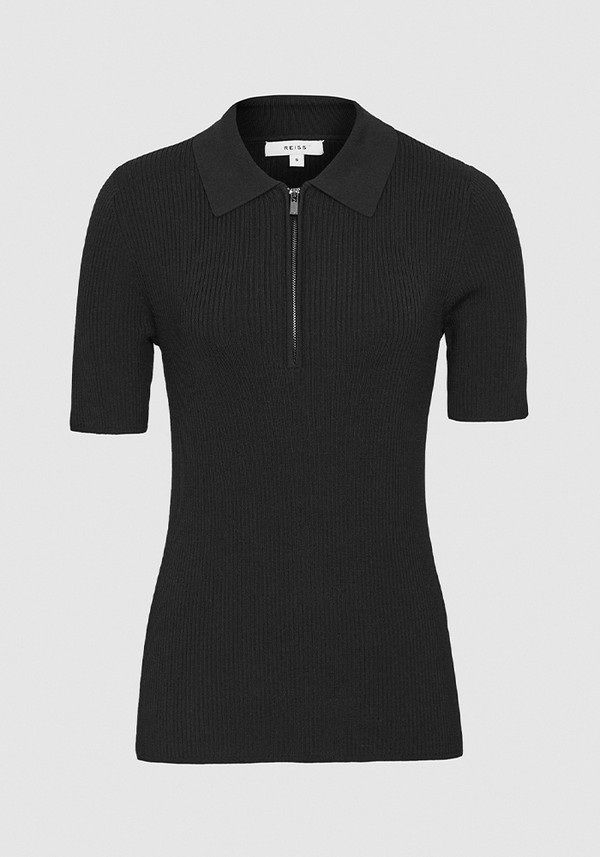 Tia Black Ribbed Neck Polo Shirt