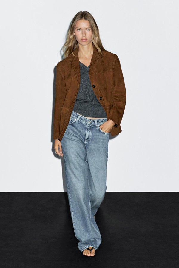 Suede Leather Blazer With Topstitching