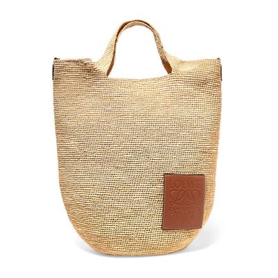 Slit Leather Trimmed Woven Raffia Tote