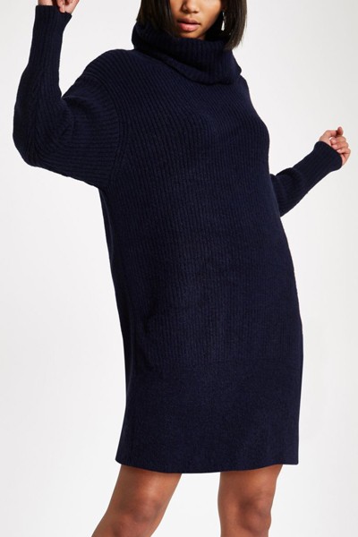 Navy Knit Oversized Roll Neck Jumper