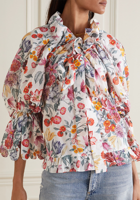 Thea Tie-Detailed Ruffle Floral-Print Cotton Blouse from Horror Vacui