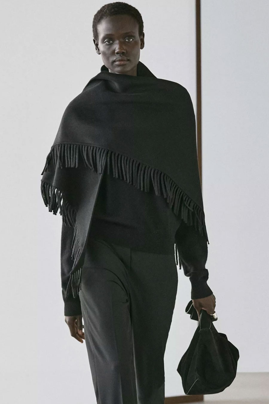 Wool Blend Knit Cape With Fringing from Massimo Dutti