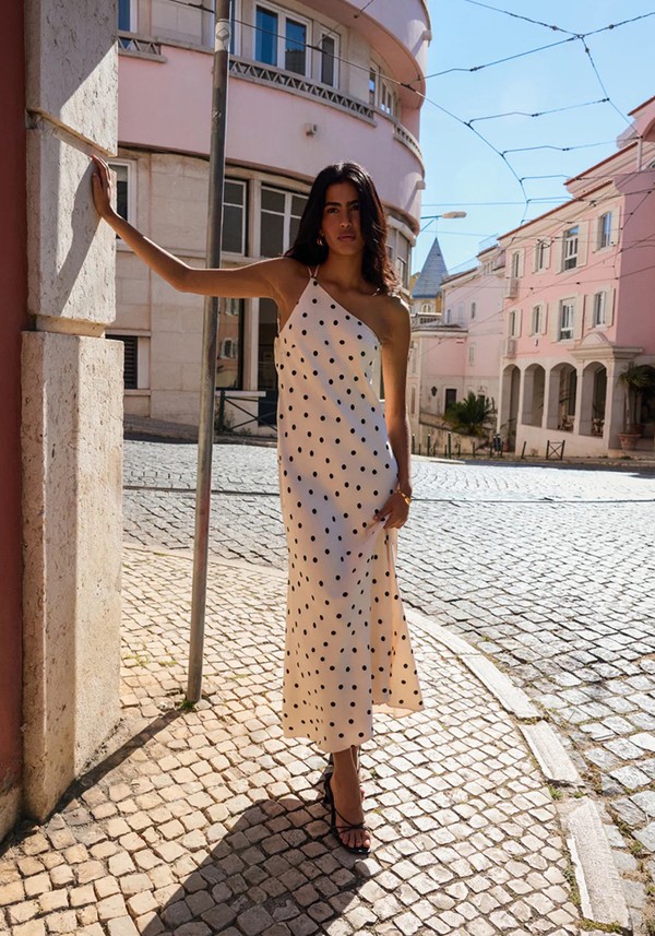 Polka Dot One Shoulder Pia Midi Dress