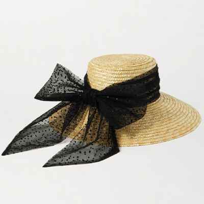 Swiss-Dot Tulle-Trimmed Straw Hat from Eugenia Kim