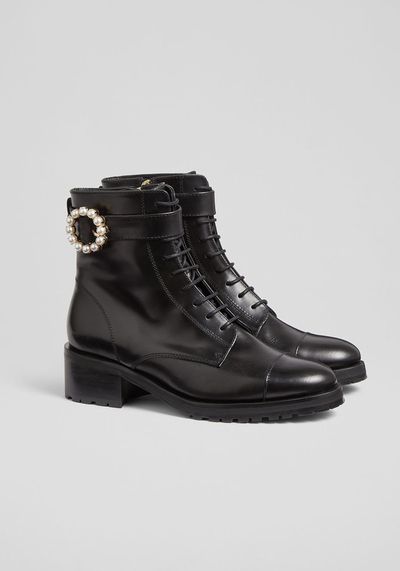 Martina Black Leather Pearl Buckle Lace-Up Boots from LK Bennett