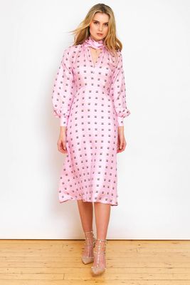 Penelope Pink Lily Print Silk Midi Dress