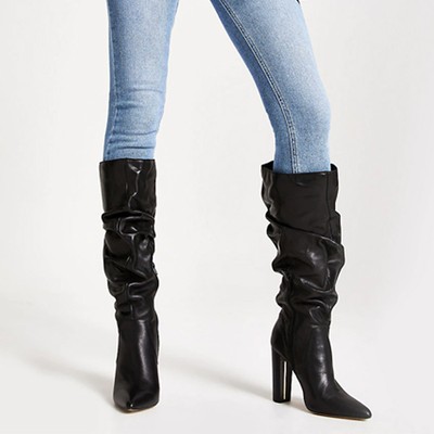 Black Leather Slouch Heel Boot