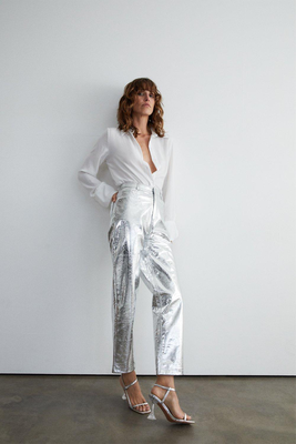 Silver Crackle Faux Leather Straight Trouser from Warehouse