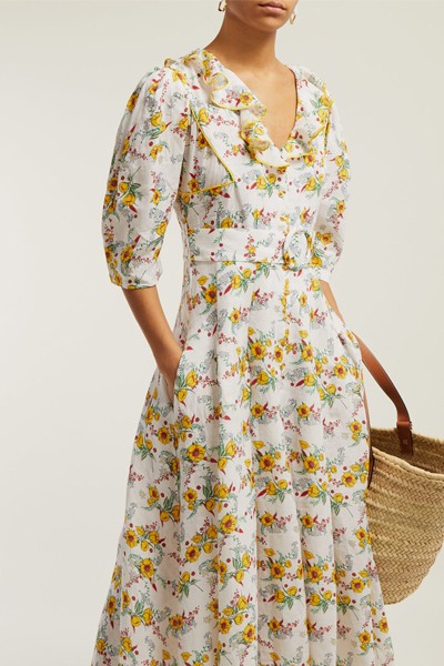 Floral Print Ruffle Linen Midi Dress from GÜL HÜRGEL