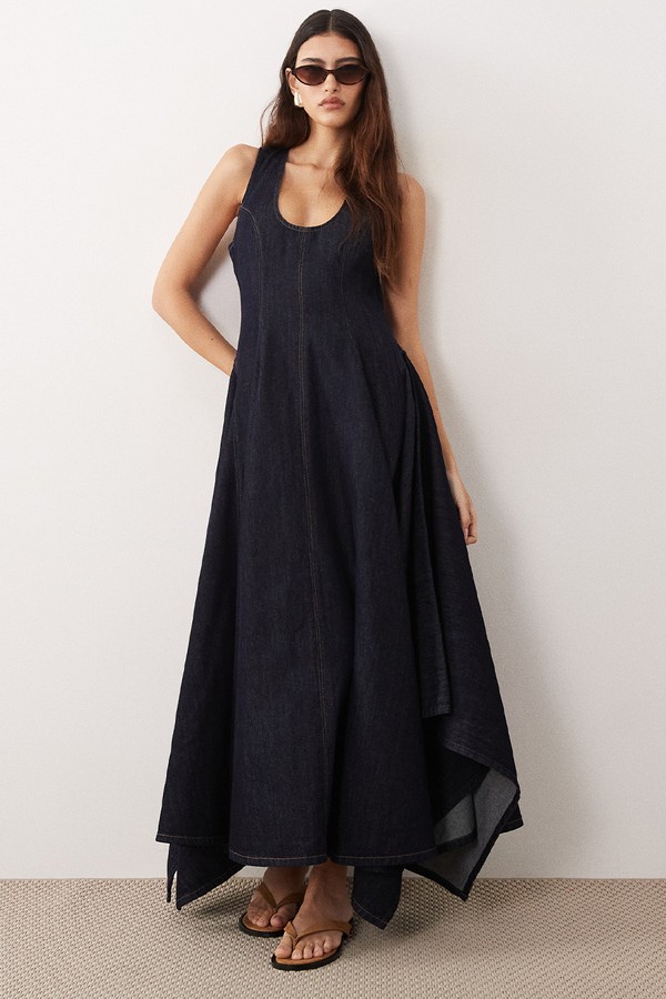  Drop Neck Denim Pleated Hanky Hem Maxi Dress