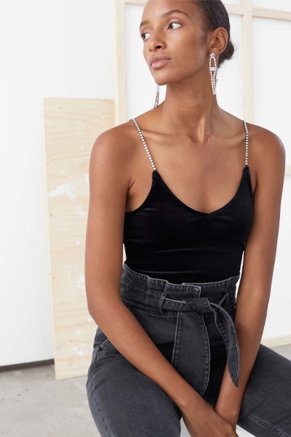Rhinestone Strap Velvet Bodysuit
