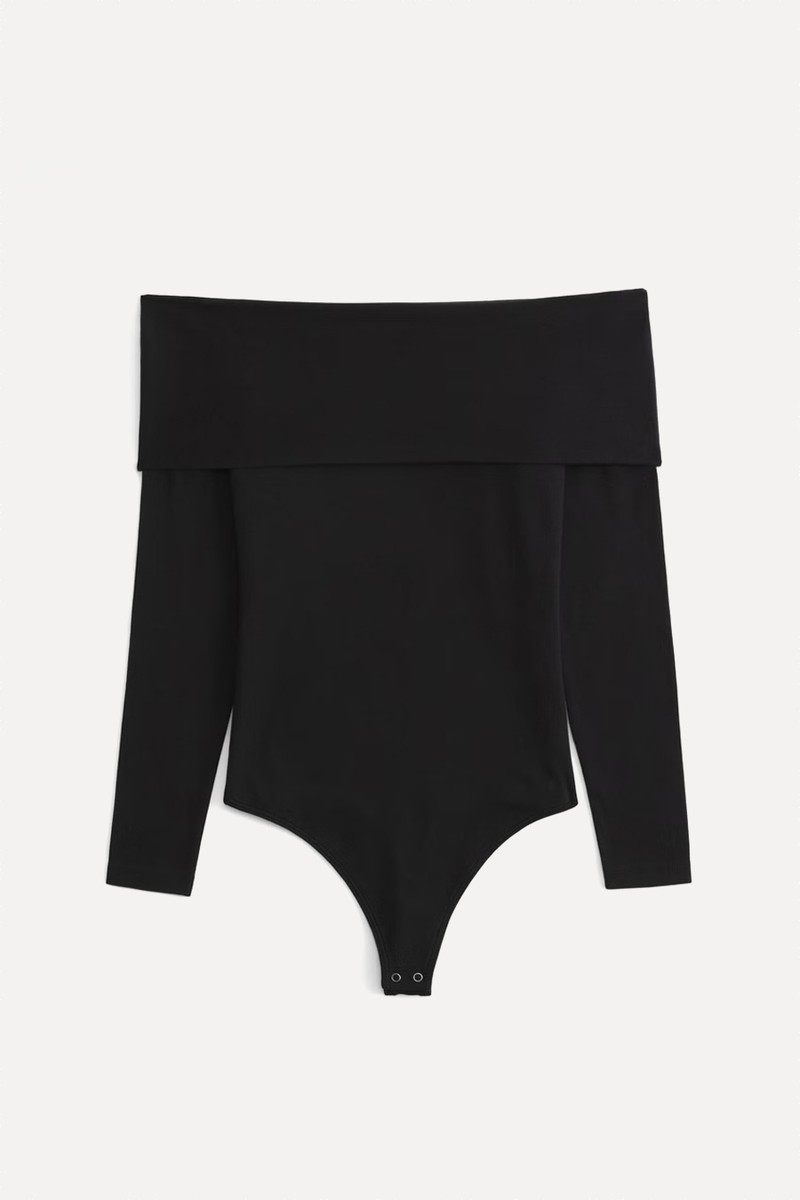 Long-Sleeve Cotton-Blend Seamless Fabric Off-The-Shoulder Bodysuit