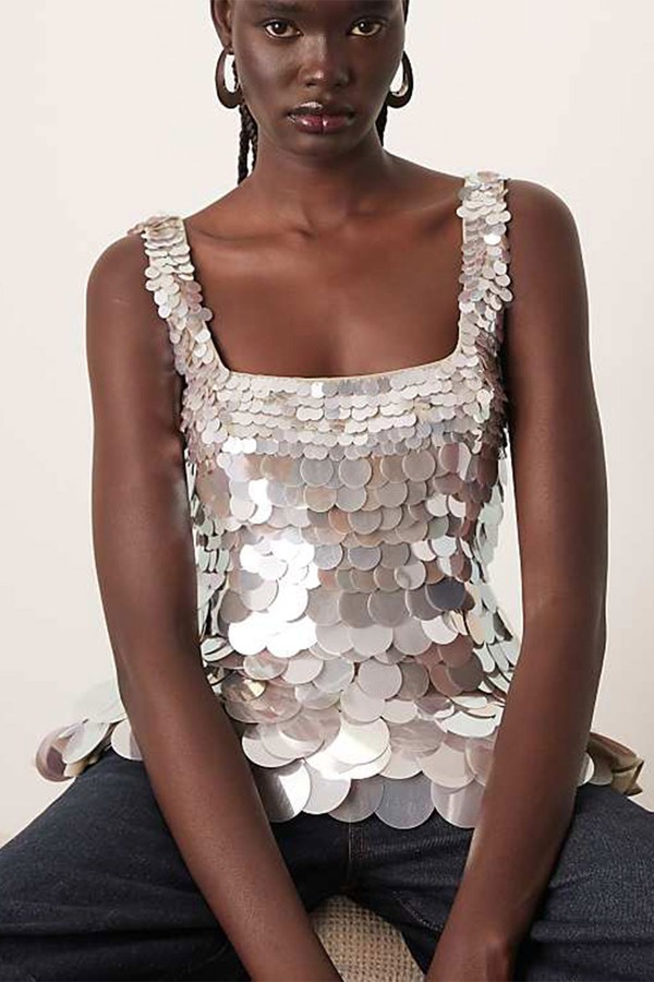 Embellished Disc Sequin Square Neck Top from Arrange