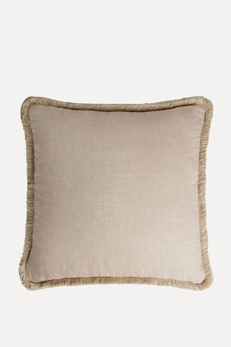 Happy Linen Pillow Beige With Fringes from Lo Decor
