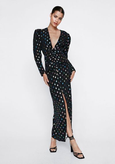 Foiled Spot Puff Sleeve Maxi Dress