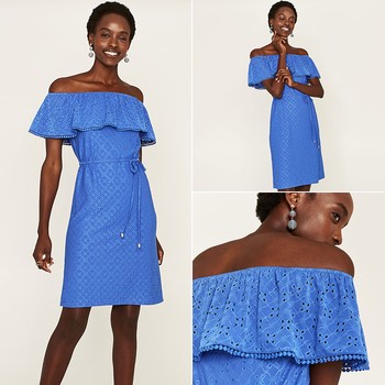 Broderie Bardot Dress In Blue