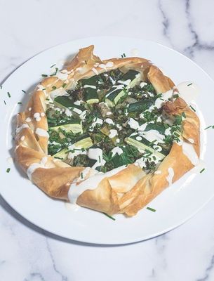 Vegan Filo Galette With Courgette & Kale And Tahini Dressing