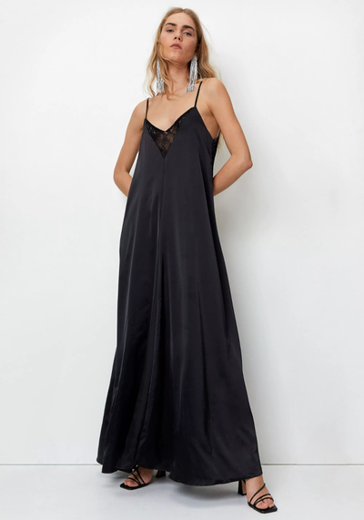 Satin Lace Insert Trapeze Maxi Dress