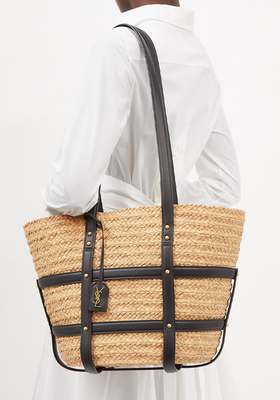 Panier Caged Leather-Trim Raffia Basket Bag from Saint Laurent